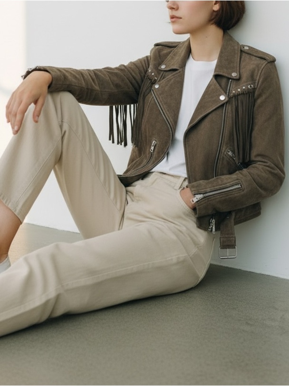 All Saints Balfern Tassel Suede Biker Leather Jacket Size 4